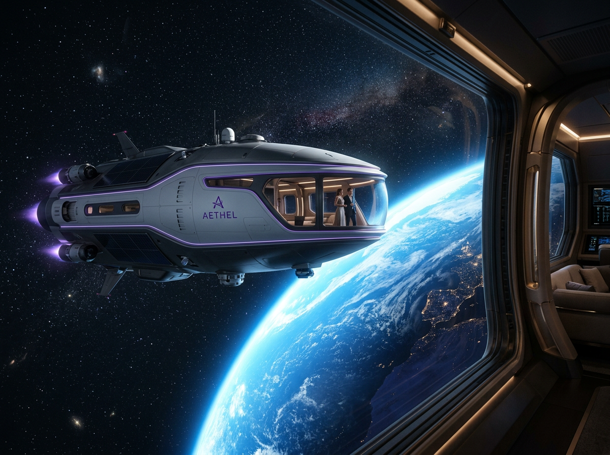 Luxury private spacecraft orbiting above Earth